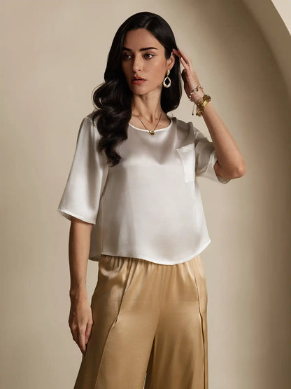 100% Mulberry Silk Women's Blouse Short Sleeve Boxy Crop Top