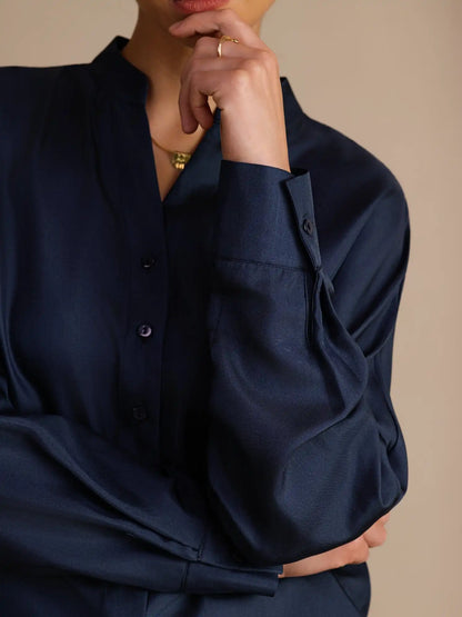 100% Mulberry Silk Women’s Split Neck Long Sleeve Blouse With Drawstring