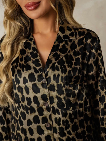 100% Mulberry Silk Leopard Print Nightshirt with High-Low Hem