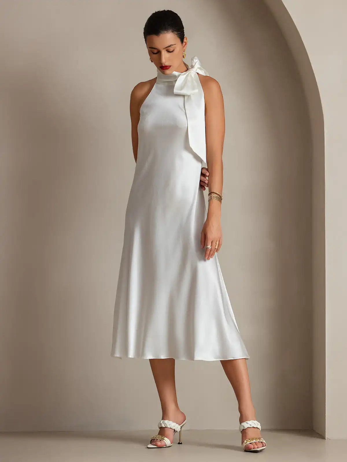 Clearance - 19Momme Silk Sleeveless Tie Neck Midi Dress