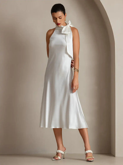 Clearance - 19Momme Silk Sleeveless Tie Neck Midi Dress