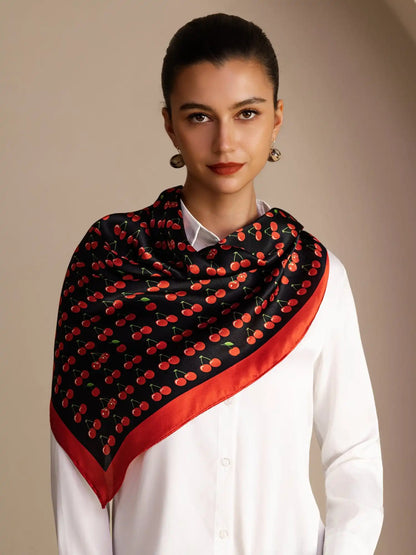 100% Mulberry Silk Cherry Pattern Scarf - Size 90x90cm