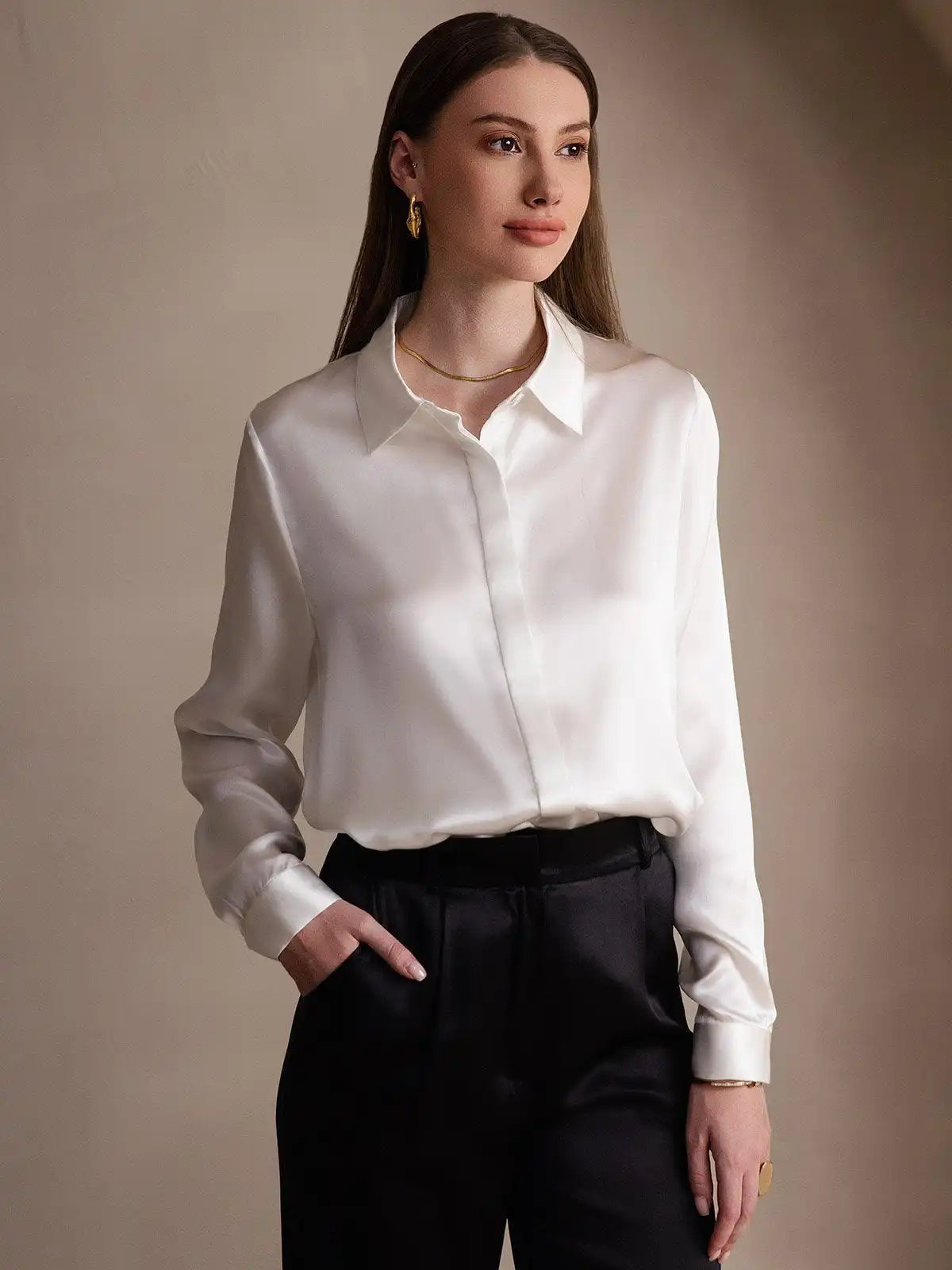 19Momme Silk Long Sleeve Lapel Collar Women's Shirt
