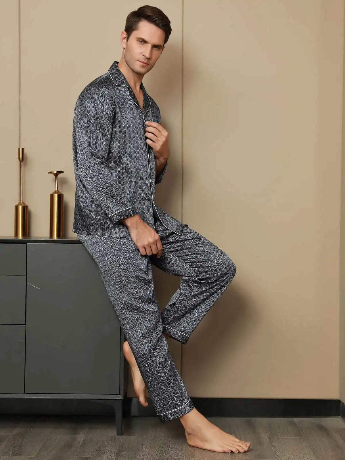 100% Mulberry Silk Ginkgo Print Long Sleeve Men's Pajamas Set With Pants