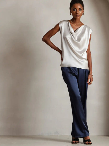 19Momme Women's Silk Cap Sleeve Cowl Neck Top