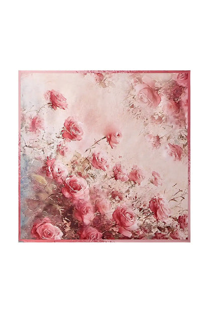 100% Mulberry Silk Rose Pattern Square Scarf - Size 53x53cm