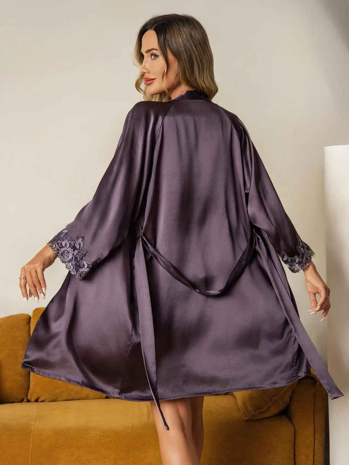 Elegant 100% Mulberry Silk Lace Trimmed Robe and Camisole Set 3Pcs