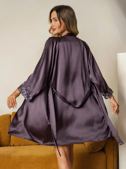 Elegant 100% Mulberry Silk Lace Trimmed Robe and Camisole Set 3Pcs
