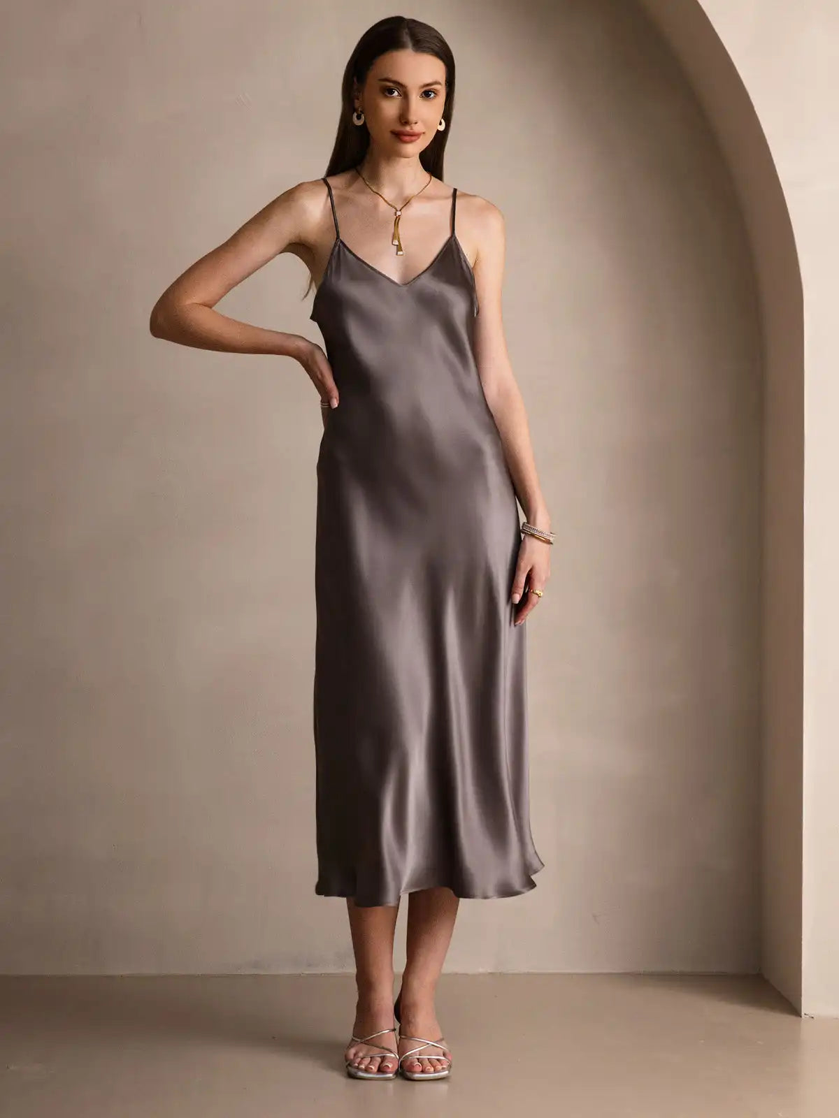 100% Mulberry Silk Spaghetti Strap V Neck Midi Dress