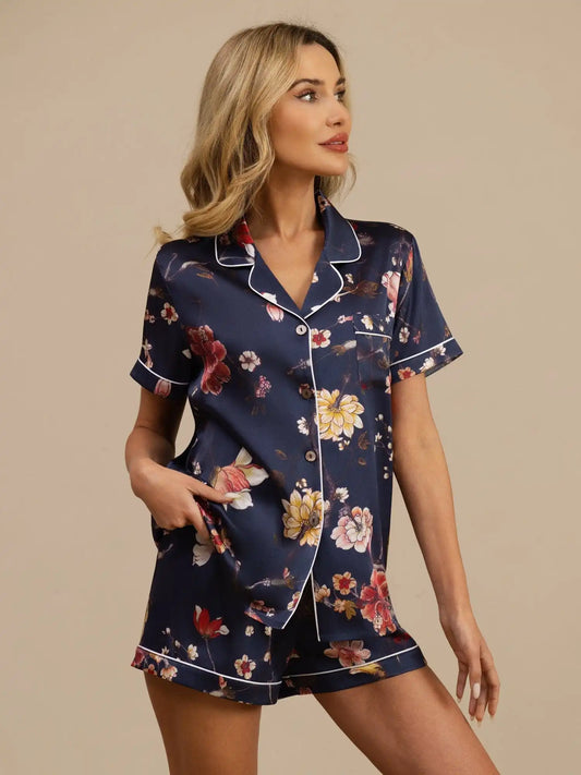 19Momme Silk Women's Navy Floral Print Short Sleeve Lapel Collar Button Up Pajamas Set