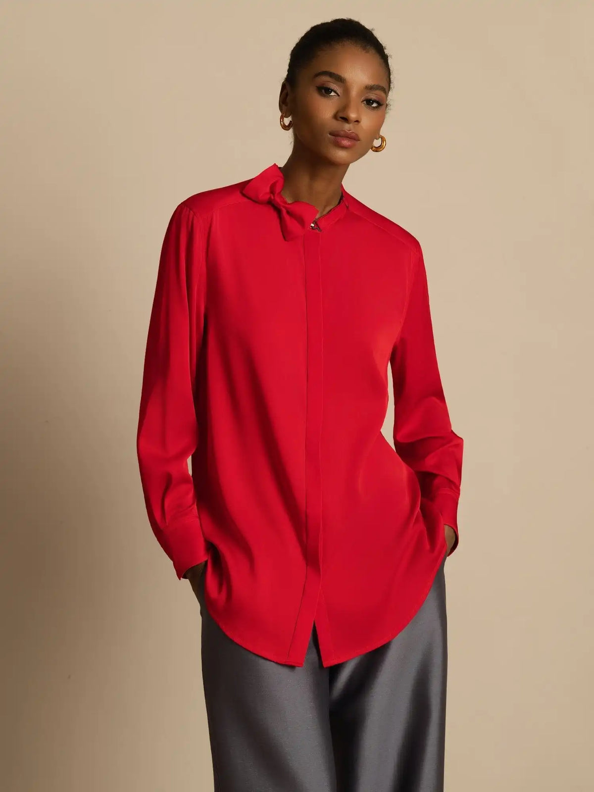 Clearance - 19Momme Silk Women's Long Sleeve Stand Collar Bow Blouse