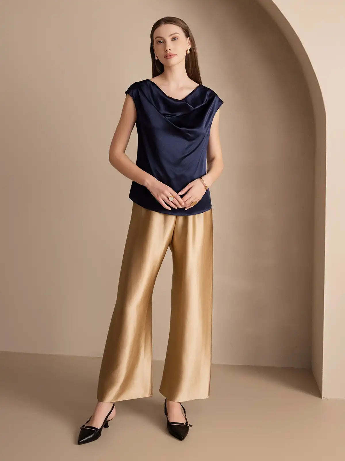 19Momme Silk Cap Sleeve Cowl Neck Women's Top