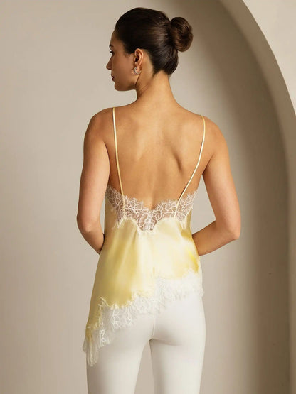 100% Mulberry Silk Spaghetti Straps Lace Camisole Top with Asymmetrical Hem