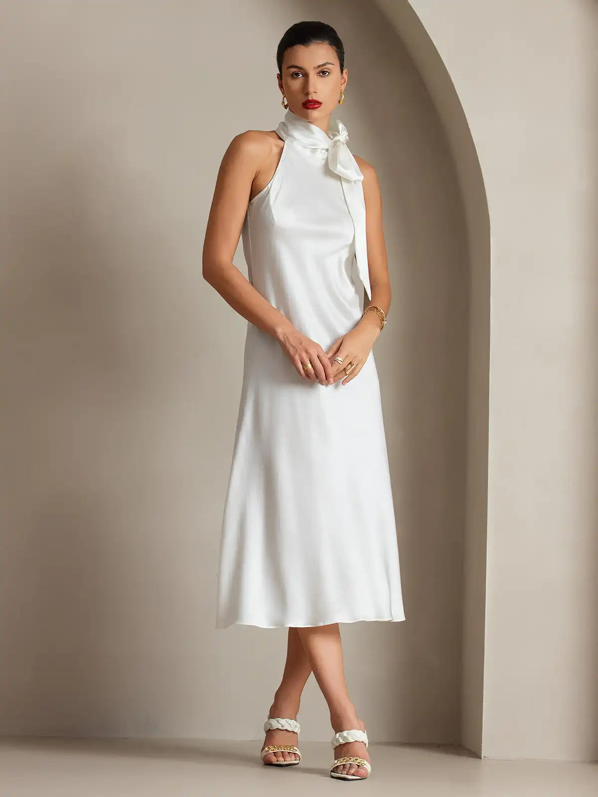 Clearance - 19Momme Silk Sleeveless Tie Neck Midi Dress
