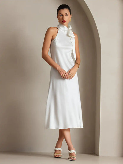 Clearance - 19Momme Silk Sleeveless Tie Neck Midi Dress
