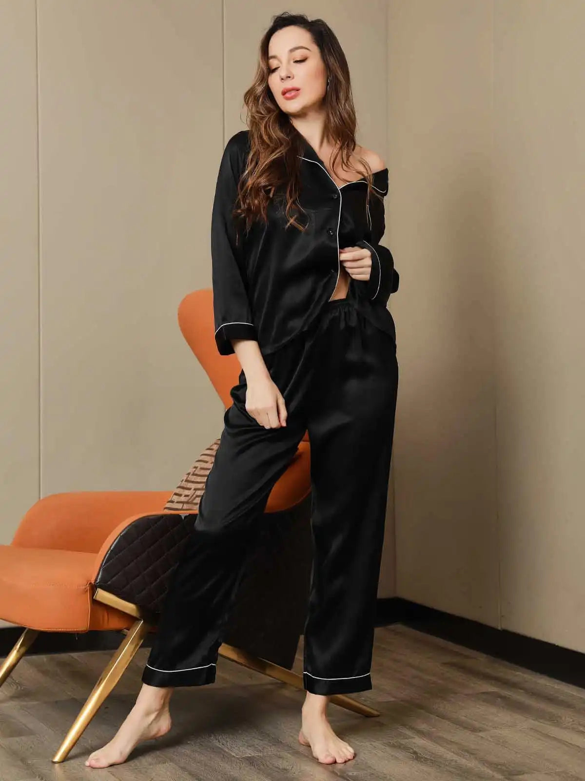 100% Mulberry Silk Lapel Collar Button Up Women's Pajamas Set