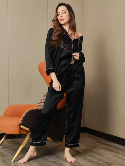 100% Mulberry Silk Lapel Collar Button Up Women's Pajamas Set