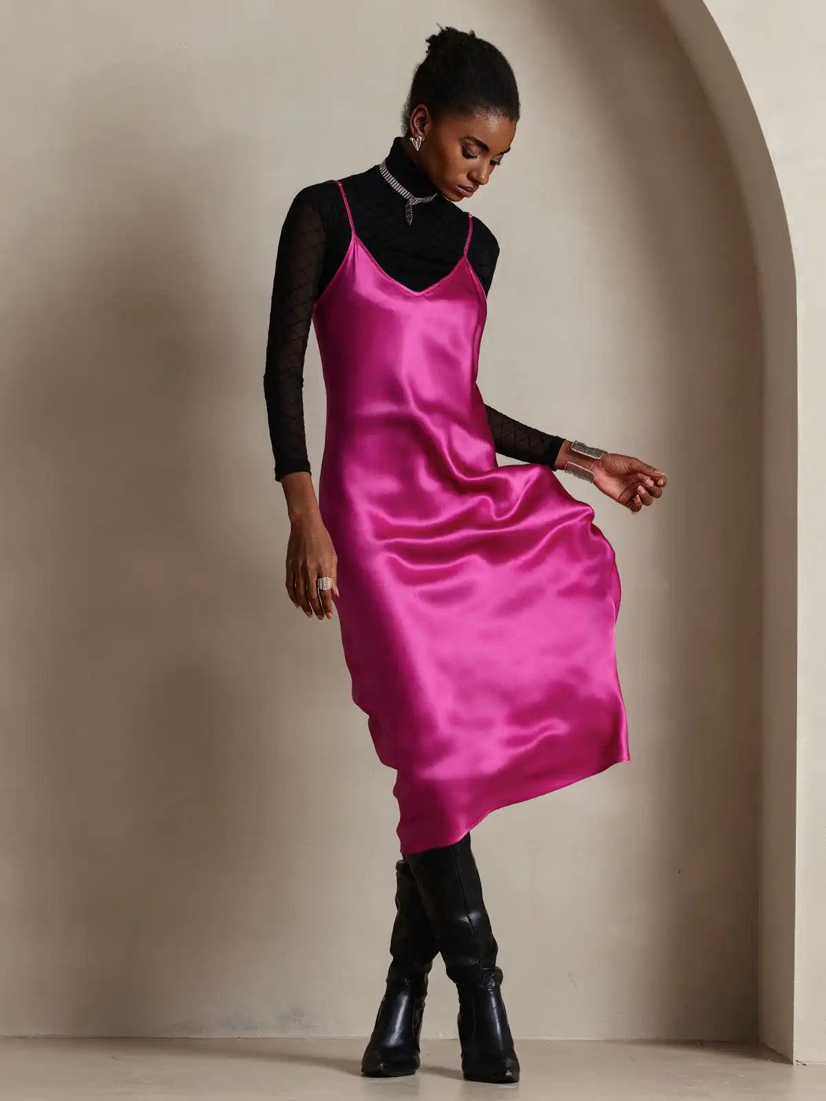 100% Mulberry Silk Spaghetti Strap V Neck Midi Dress
