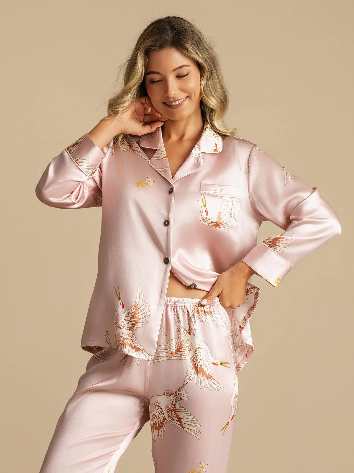 19Momme 100% Mulberry Silk Crane Print Women's Long Sleeve Notch Collar Pajamas Set