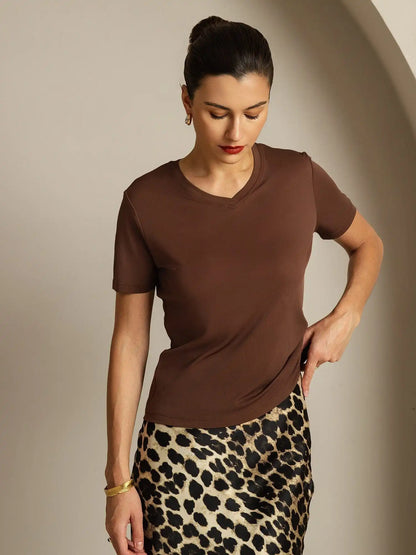Clearance - 100% Mulberry Silk V Neck Short-Sleeve Snag-Resistant Women's T-Shirt