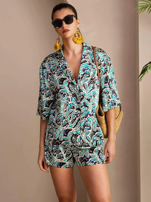 Clearance - 100% Mulberry Silk Women's Botanical Print Short Sleeve Button Up Pajamas Set