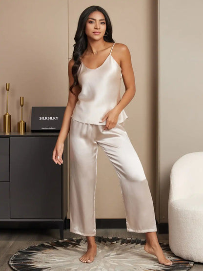 100% Mulberry Silk Spaghetti Strap V Neck Cami & Pants Pajama Set
