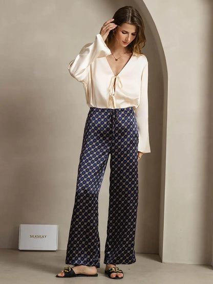 19Momme Silk Chain Print Wide Leg Women's Pants With Side Pockets Design