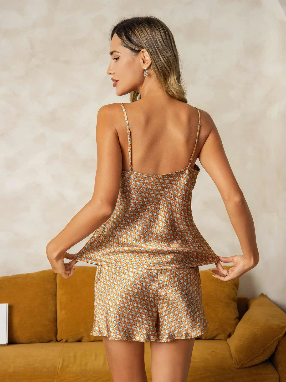 100% Mulberry Silk Geometric Print Spaghetti Strap V Neck Camisole Set