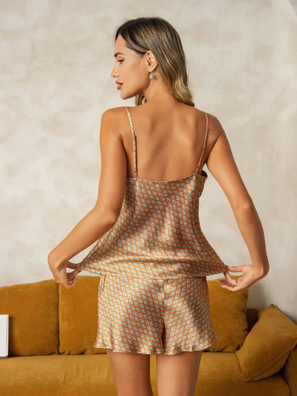 100% Mulberry Silk Geometric Print Spaghetti Strap V Neck Camisole Set