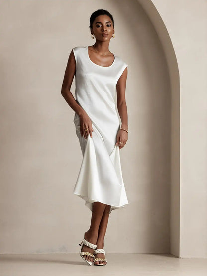 19Momme Silk Cap Sleeve Round Neck Midi Dress