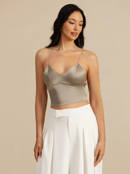 19Momme Silk Crop Top Spaghetti Strap V Neck Camisoles with Built-in Bra