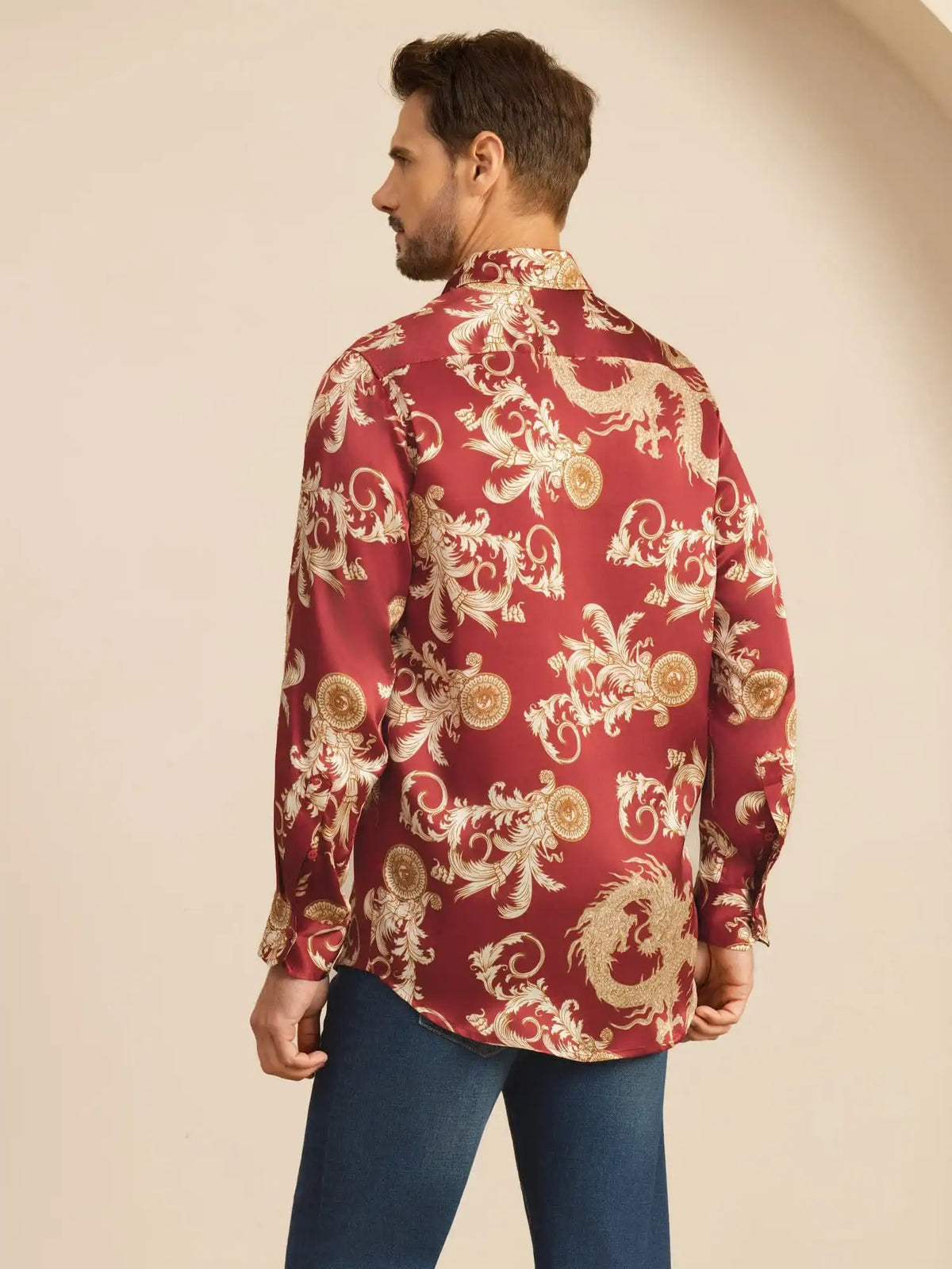 Pure Silk Men's Long Sleeve Lapel Collar Dragon Print Shirt