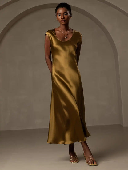 19Momme Silk Cap Sleeve Round Neck Midi Dress