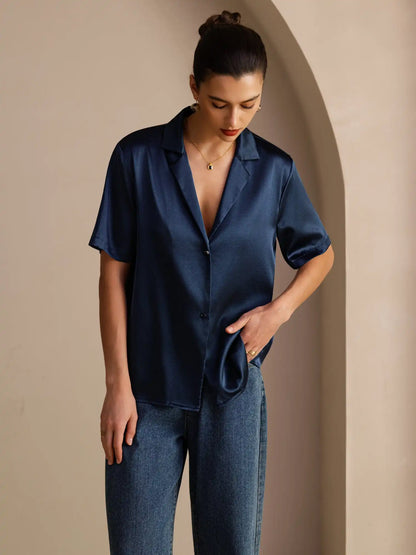 19Momme Silk Short Sleeve Notched Lapel Women's Shirt with Button Up Design