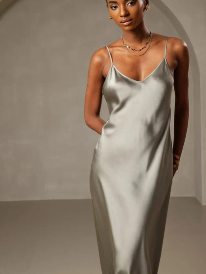 100% Mulberry Silk Spaghetti Strap V Neck Midi Dress