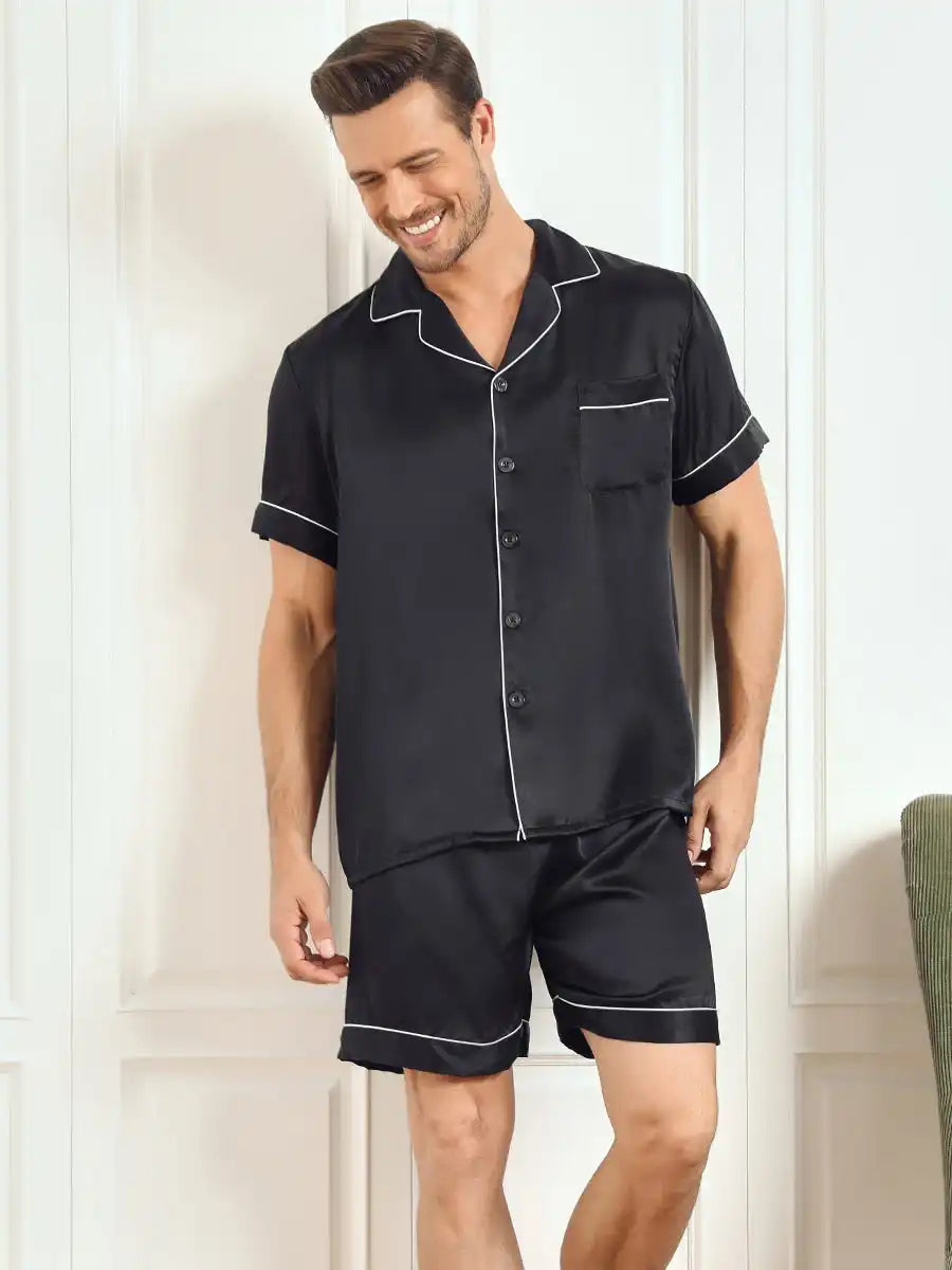 100% Mulberry Silk Short Sleeve Notch Collar Men's Pajamas Set with Shorts