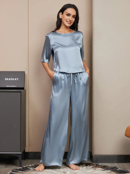 Women's 100% Mulberry Silk Half Sleeve Round Neck Pajamas Set