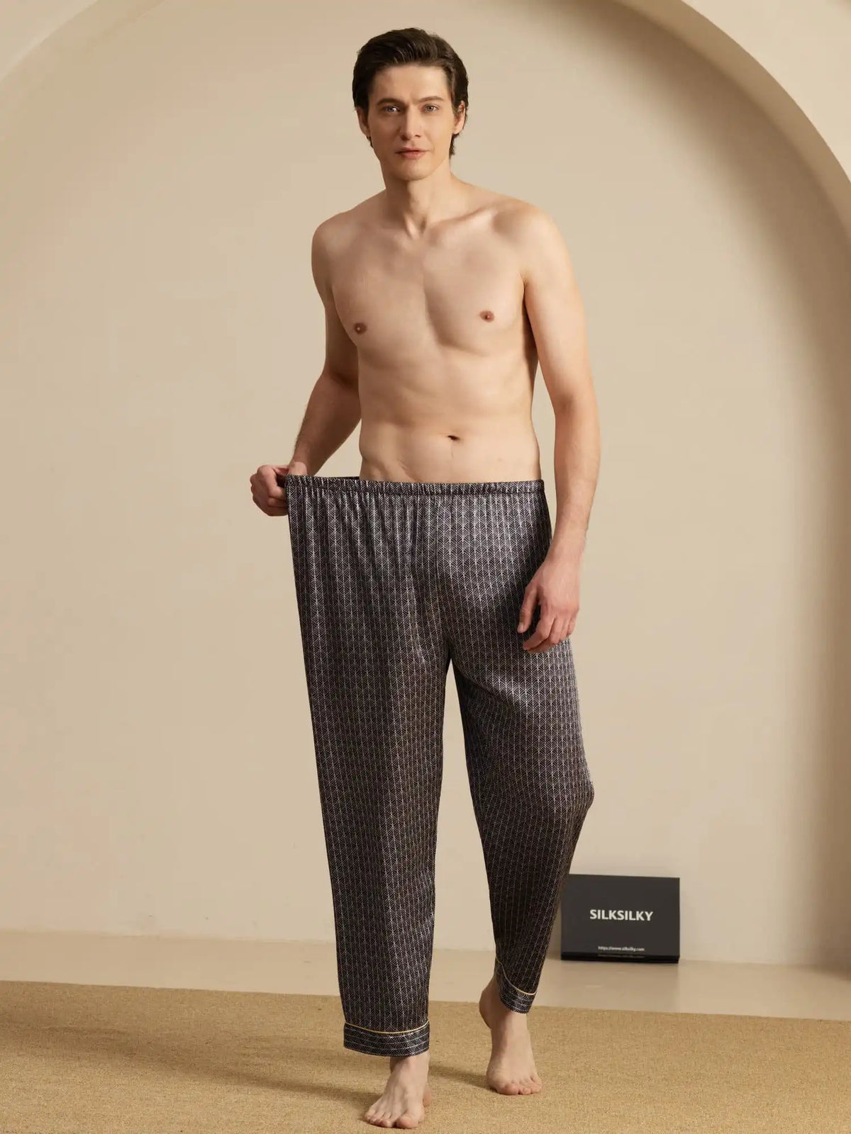 Men's 100% Mulberry Silk Ginkgo Print Sleep Pants with Elastic Waist