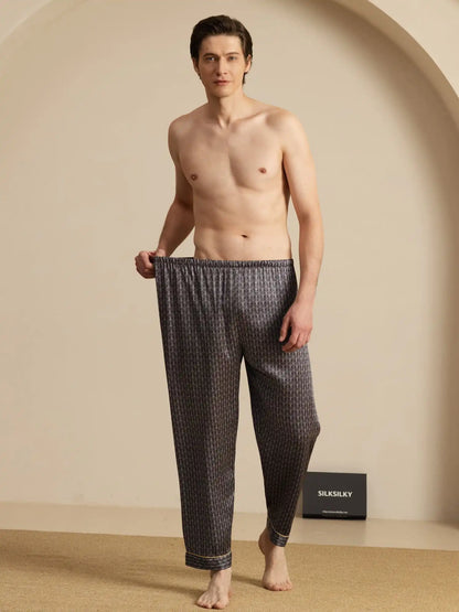 Men's 100% Mulberry Silk Ginkgo Print Sleep Pants with Elastic Waist