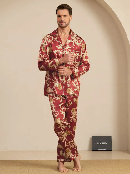 100% Mulberry Silk Men's Dragon Print  Long Sleeve Notch Collar Pajamas Set