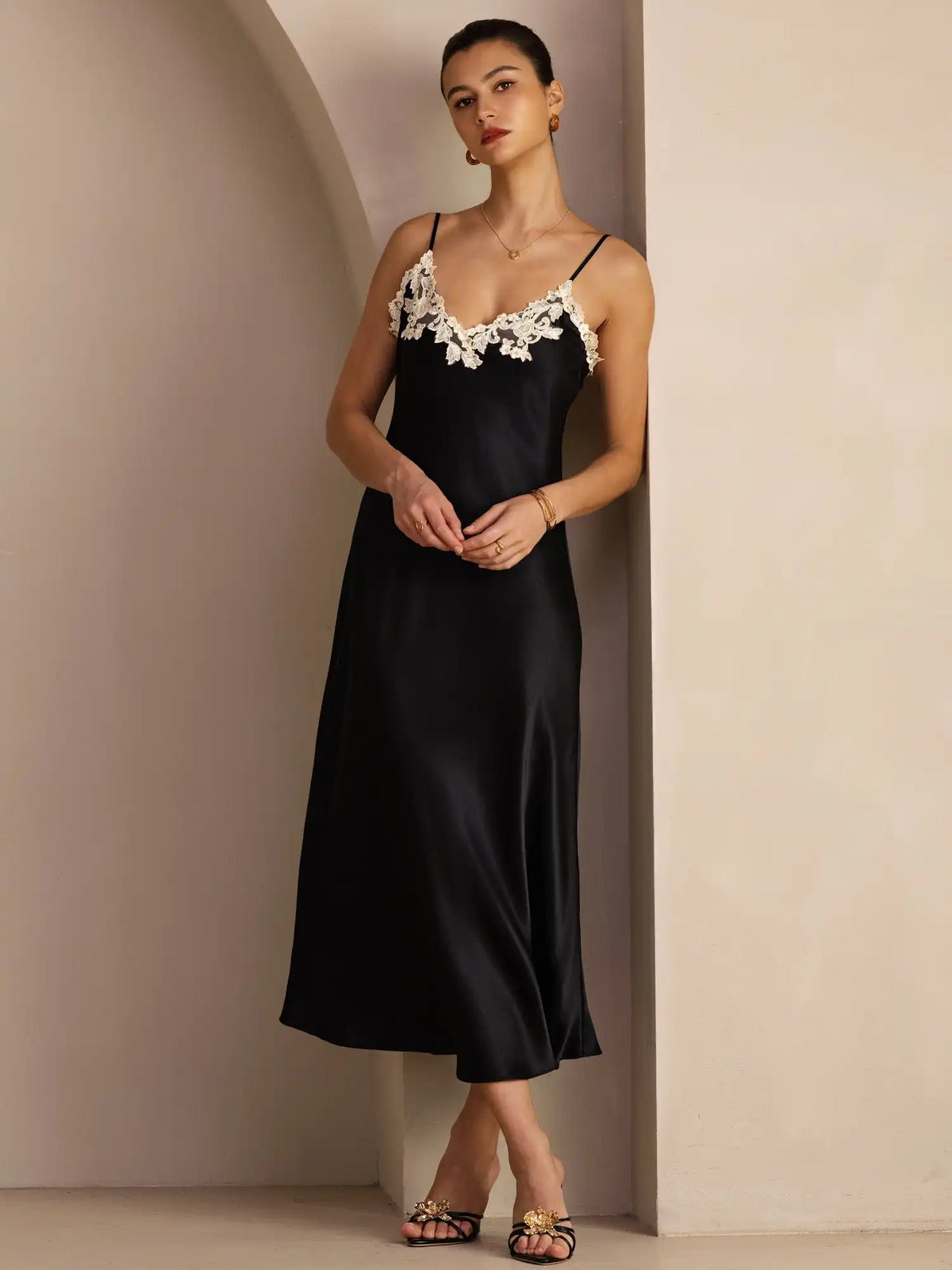 100% Mulberry Silk Spaghetti Strap V Neck Midi Dress with Lace V-Back Design