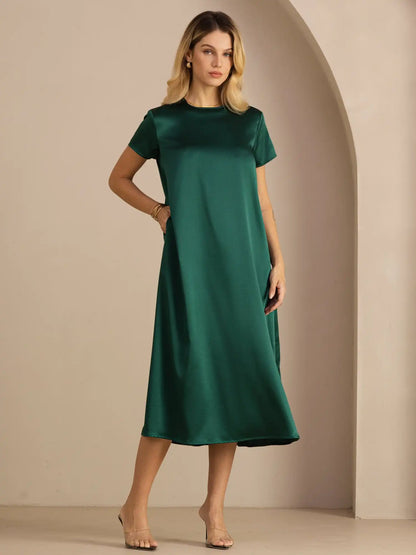 19Momme Silk Short Sleeve Crew Neck  Midi Dress With Side Pockets