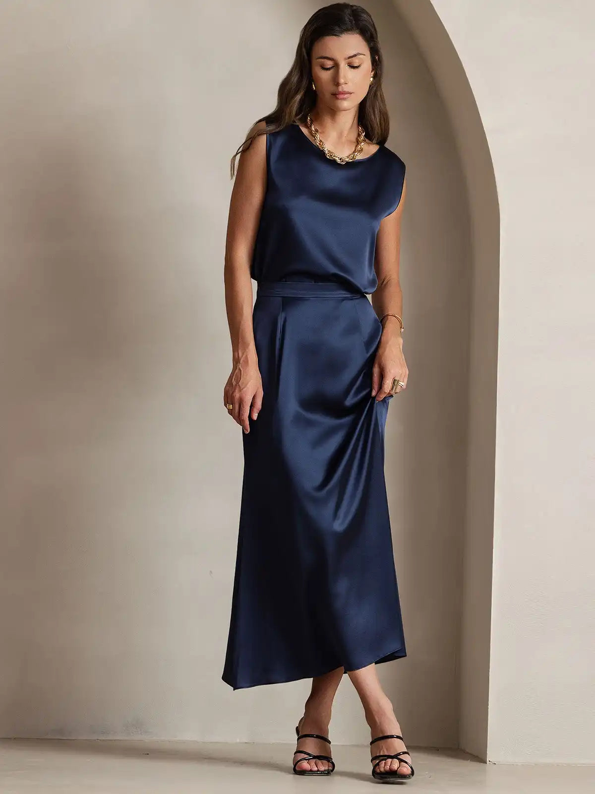 Clearance - 19Momme Silk A Line Maxi Skirt with Zipper Design