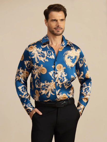 Pure Silk Men's Long Sleeve Lapel Collar Dragon Print Shirt