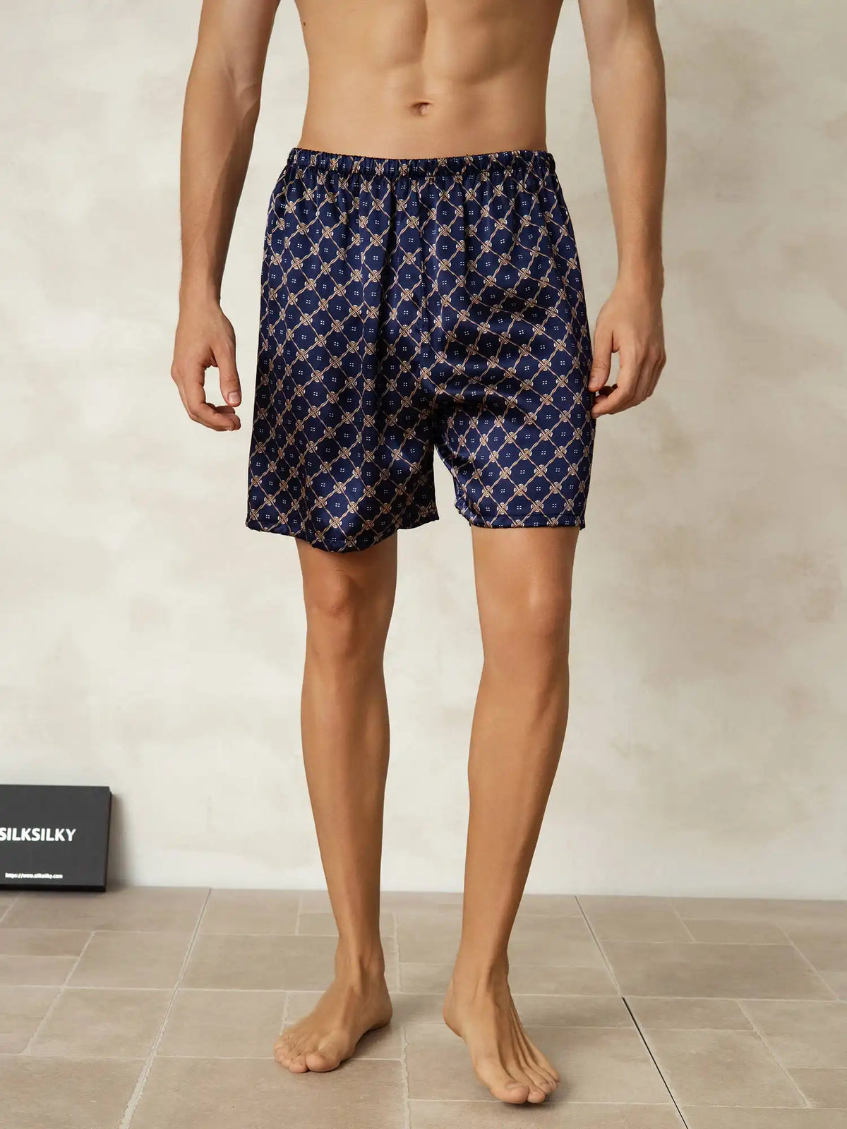 100% Mulberry Silk Navy Chain Print Elastic Waist Men's Sleep Shorts