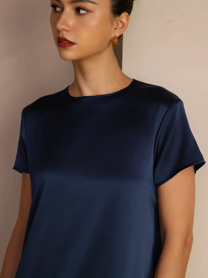 19Momme Silk Short Sleeve Crew Neck  Midi Dress With Side Pockets