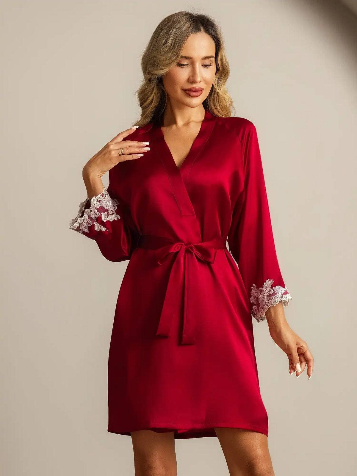 100% Mulberry Silk Lace Cuffs Robe Wrap Kimono Belted with 3/4 Sleeves