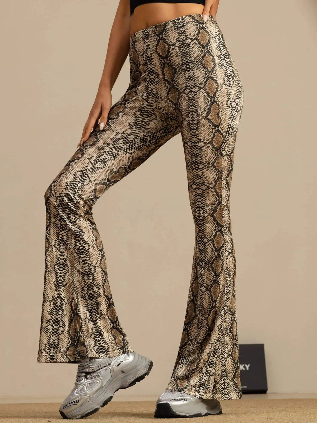 Clearance - Pure Silk Wild Animal Print Women's Flare Pants High Waisted Bell Bottom