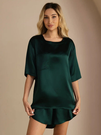 100% Mulberry Silk Short Sleeve Round Neck Womens Sleep Tee (Shorts Not Included)