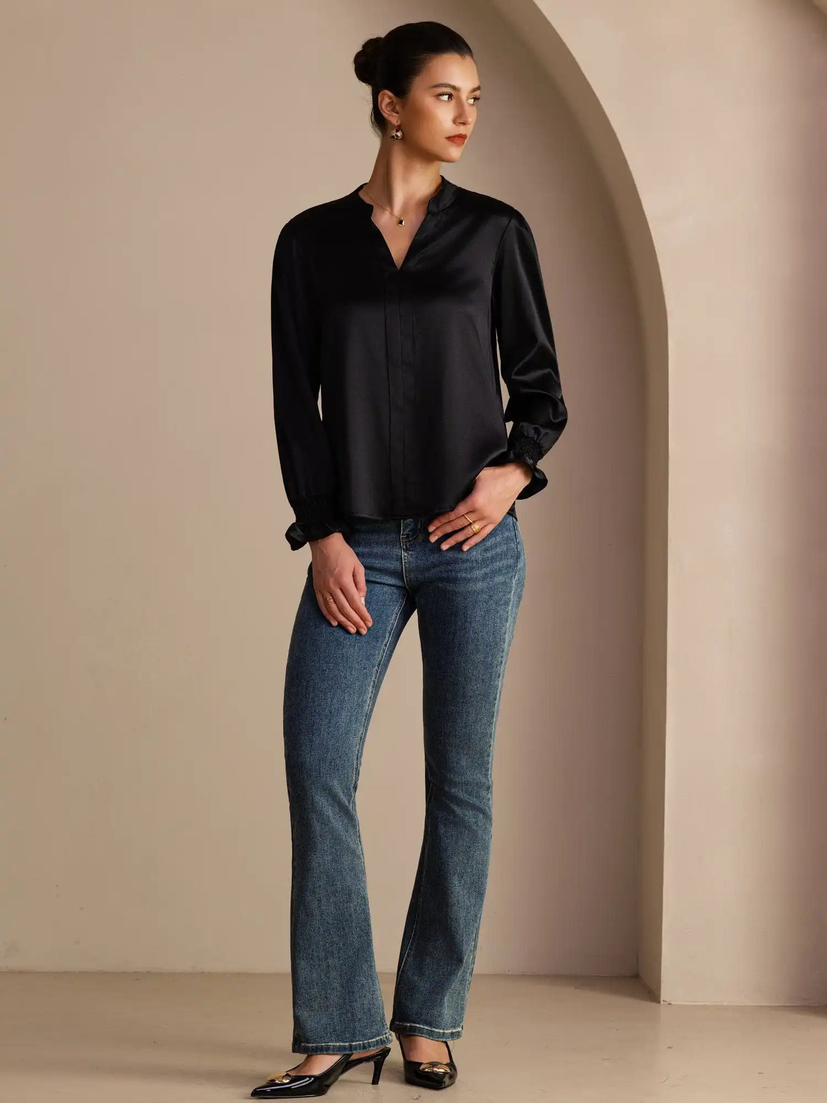 19Momme Silk Women’s Split Neck Long Sleeve Blouse